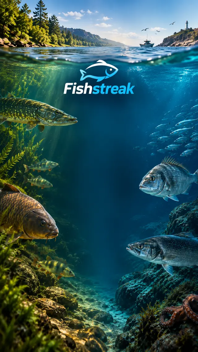 Sous la surface : brochet, carpe et perches d’un côté, bar et daurade de l’autre.